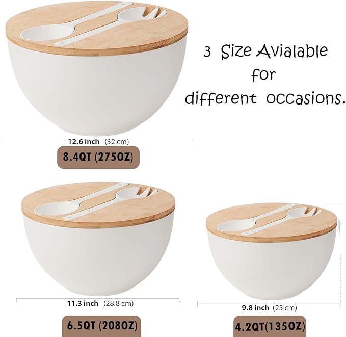 11.3" Extra Large Salad Serving Bowl Set with Wooden Lid&Utensils, 6.5Qt., Bamboo Fiber Salad Bowl with Servers for Kitchen, Lightweight Big Bowl for Mixing Salad,Fruit,Pasta - Matte White