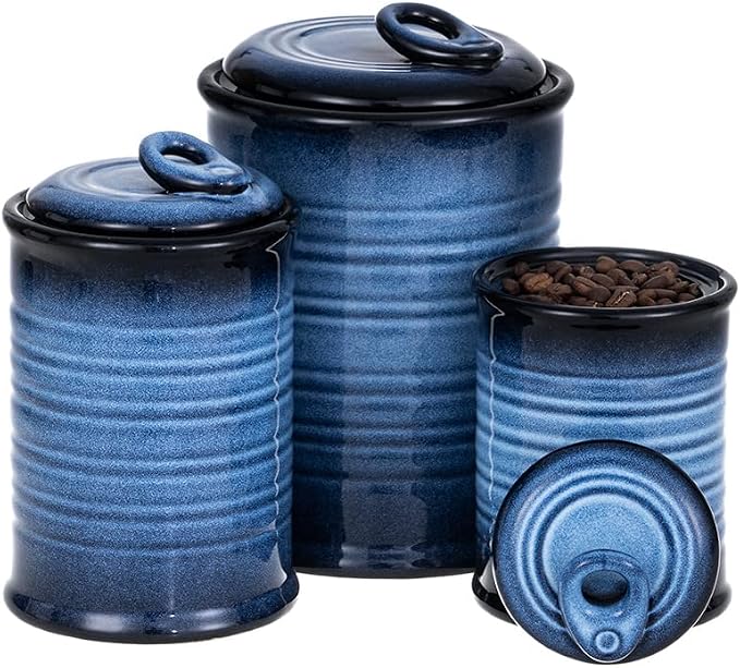 Nihow Food Storage Jar,Ceramic Canister Sets for The Kitchen,Set of 3,Blue | Air Tight Lid,Seal Damp-proof,For Flour/Sugar/Rice/Coffee/Cookies/Candy,Kitchen Counter Canister/Dishwasher Safe
