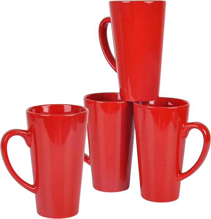 BYCNZB 16oz black Funnel Ceramic Tall Coffee Mugs for Coffee, Tea, Cocoa, Latte, Milk set of 4 (Red)