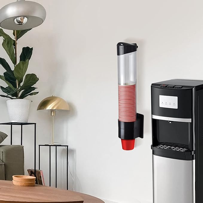 Cup Dispenser, Pull Type Wall Mount Cup Holder, Water Cooler Cup Dispenser Fits 7oz - 12oz Cups for Home Office Hospital Cups Organizer, Adhesive Paste or Screw Install (Black, Large)