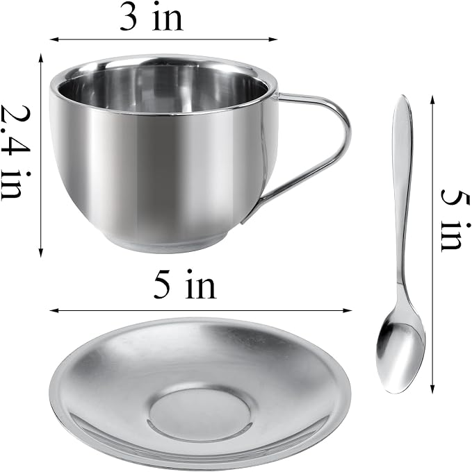 Okllen 4 Pack Stainless Steel Coffee Cup Set, 6 Oz Coffee Mugs with Spoon and Saucer, Double Walled Espresso Cups Mugs for Coffee, Latte,Tea, Milk