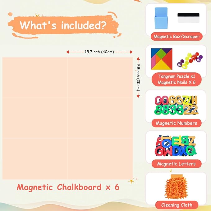 Magnetic Chalkboard Wall Decal Milk Tea Set of 6 Peel and Stick Magnet Sheets with Chalk Tangram Puzzle and Multiple Accessories Magnetic Chalk Board for Home Playroom and Classroom