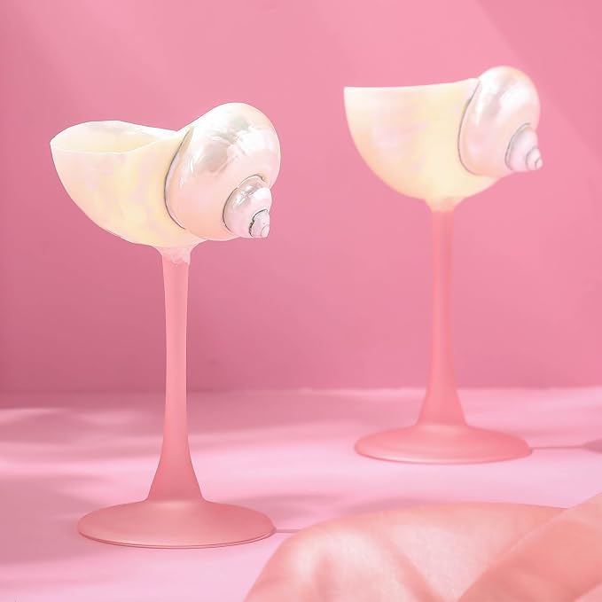 Conch Shell Wine Glasses Wedding Wine Cup Martini Goblet Cocktail Drinkware Drinking Stemware for Valentine Birthday Wedding Bridesmaids Anniversary Party(White Conch,Pink Base,2 Pcs)