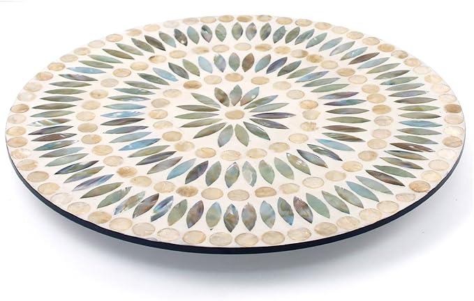 13.4" Mother of Pearl Lazy Susan, Table Centerpiece Round Shell Decorative Lazy Susan Turntable Rotating Tray Organizer for Cabinet Counter Gift Kitchen Office Cafe Home Decor (Dot Blue)