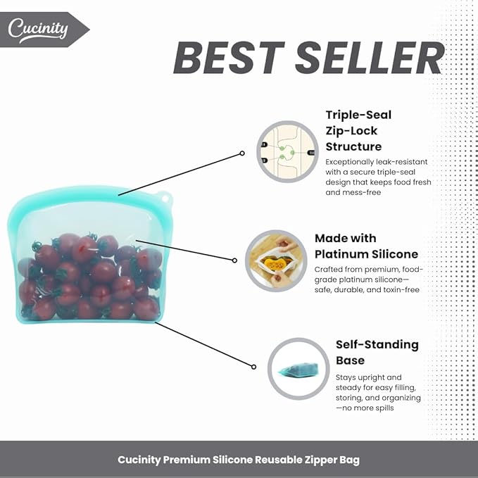 Cucinity Premium Silicone Reusable Zipper Bag, Food Storage Bags, BPA Free, Leakproof, Dishwasher & Microwave Safe, Eco-Friendly Zip Bags for Meal Prep, Freezer, Mint, 3-Pack (68oz, 41oz, 20oz)