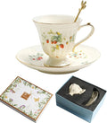 Porcelain Tea Cup and Saucer Set, 8.5 oz/250 ml Ceramic Coffee Mug with Saucer and Spoon, Vintage Coffee Cup with Gold Trim and Gift Box for Mom Women Mother's Day, Retro Strawberry Pattern
