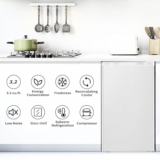 Antarctic Star Mini Compact Refrigerator with Freezer, 3.2 Cu.Ft. Single Door with Adjustable Thermostat,Removable Glass Shelves for Apartment/Dorm/Office,WHITE