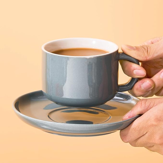 8oz Cappuccino Cups Set of 6, Tea Cups with Saucers and Spoons, Gray Ceramic Tea Cups Set Coffee Mugs for Tea Cappuccino Espresso Latte Mocha Au Lait Macchiato Cafe