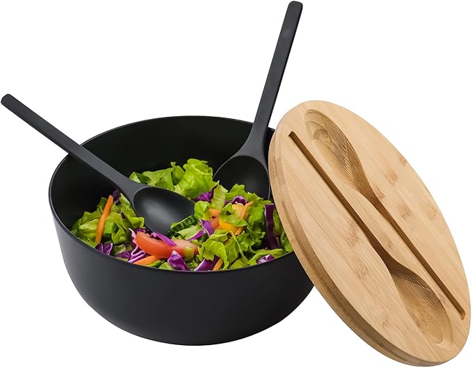 LOVYANXUE Bamboo Fiber Salad Bowl with Servers Set Large 9.8inches Nature Bamboo Mixing Bowl with Servers with Lid Spoon and Fork for Fruits,Salads and Vegetables