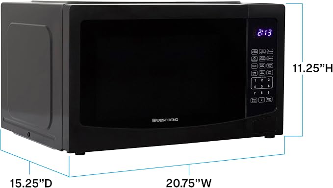 West Bend Microwave Oven 1000-Watts Compact with 6 Pre-Set Cooking Settings, Time and Weight Defrost, Electronic Control Panel and Glass Turntable, 1.1 Cu.Ft., Black