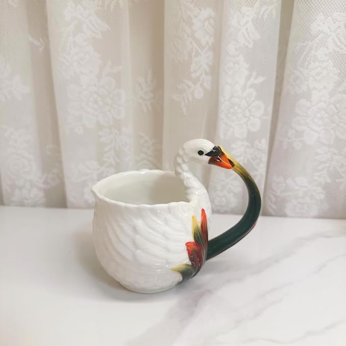 Ceramic Tea Cup and Saucer Set ，6OZ 3D Hand-painted Swans and Lotus Leaves Coffee Mug，Gift for Women