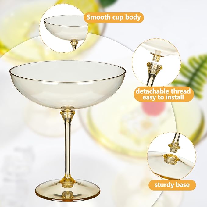 LemonRoad 12 Pcs Plastic Coupe Glasses 9 oz Disposable Martini Glasses for Cocktails, Champagne, Desserts and Espresso, Drinkware Set for Weddings, Birthday Parties, Home Bars (Gold)