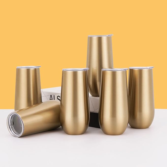 Lifecapido 12 Pack Stemless Champagne Tumblers, 12oz Insulated Stainless Steel Flute Glass for Birthday Party Wedding Christmas (Gold)