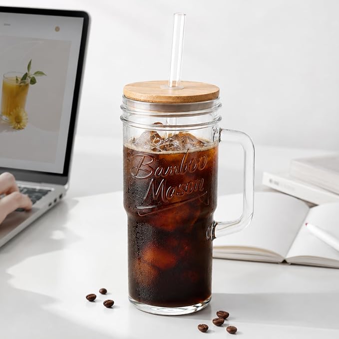 ANOTION Glass Cups with Lids and Straws - 24oz Tumbler with Handle Coffee Cups Glass Straws Glasses Mason Jar Cups Drinking Set Kitchen Essentials Coffee Bar Accessories House Warming Gifts New Home