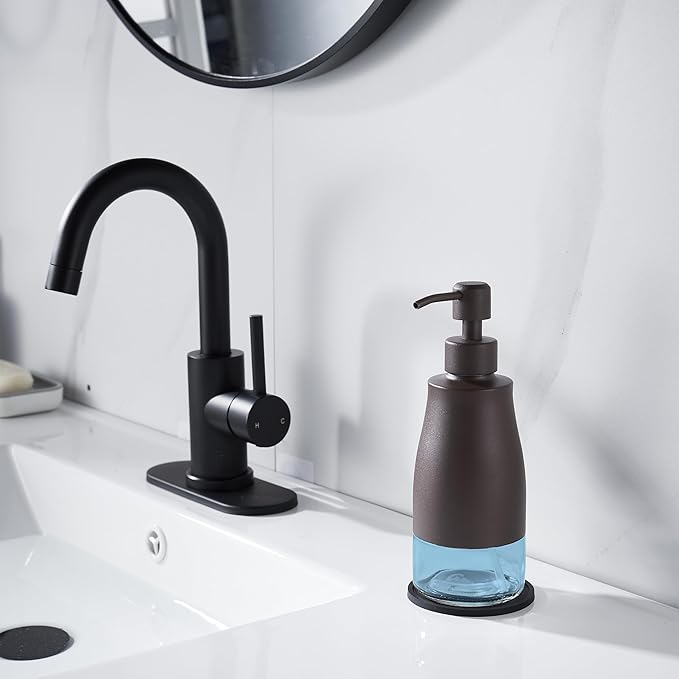 Gaussra Matte Brown Soap Dispenser with Coaster and Stickers, Stainless Steel and Glass Bottle Hand Pump Dispenser, Refillable Liquid Hand Soap Dispenser for Bathroom & Kitchen (11OZ / 320ML)