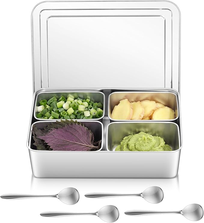 Boao 4 Compartment 304 Yakumi Pans Stainless Steel Seasoning Condiment Container with Lids Spoons, Japanese Yakumi Pans Mini Sauces Salad Dressings Storage for Food, Herbs, Spices