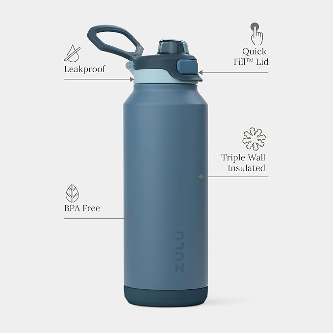 ZULU Powerfill Pro 40oz Stainless Steel Water Bottle with Quick Fill Lid, Triple Walled Vacuum Insulated Metal, Leak Proof Locking Lid, Sip and Chug, Reusable BPA Free, High Tide