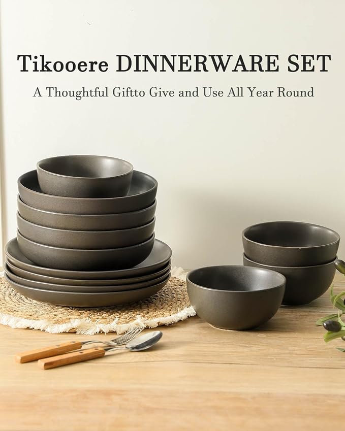 Plates and Bowls Sets, 12-Pieces Stoneware Dinnerware Set Ceramic, Matte Black Dishes Set for 4, Scratch Resistant, Microwave and Dishwasher Safe Tableware, Porcelain