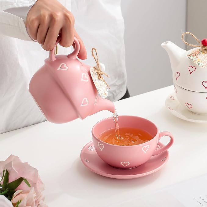 Domini Teapot cup combo,Teapot and Teacup for One,Tea Cup and Saucer Set-Tea Pot Set Gift for Girl Women,Matte pink