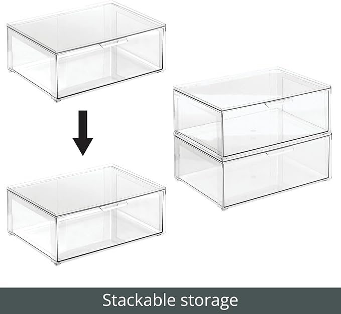 mDesign Plastic Stackable Bathroom Storage Organizer Bin Containers with Front Pull Drawer for Bathroom Countertop, Vanity, Closet Shelves - Holder for Beauty Accessories - Lumiere Collection - Clear