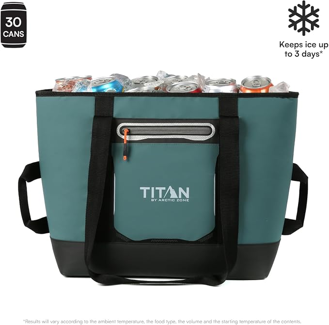 Titan by Arctic Zone Soft Sided Cooler Tote, Insulated Bag with Handle, Shoulder Strap, and Zipper for Lunch, Picnic, and Travel, 30 Can Capacity