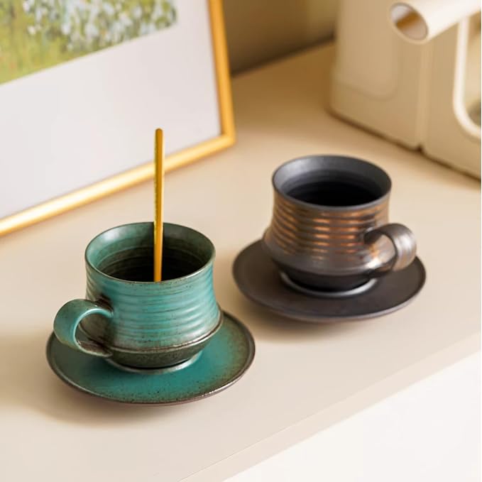 210ml Ceramic Mug Saucer Set Home Wabi Sabi | retro, artisan, original design, minimalist, durable, latte, afternoon tea