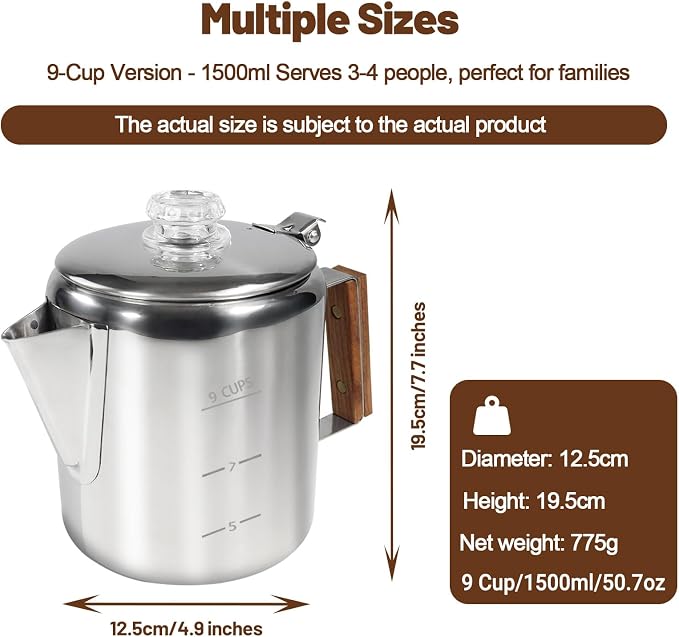 9 Cup Percolator 304 Stainless Steel Coffee Pot Coffee Maker Coffee Machine with Solid Wood Handle Transparent Knob Stovetop Greca Mocha for Induction Home and Camping 1500ml 50.7oz