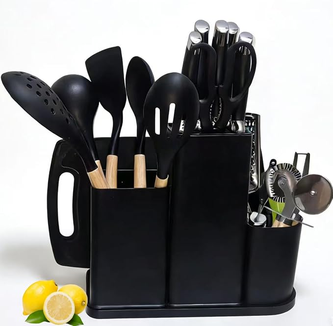 Kitchen Utensils and Knives Set, 20PCS Knife and Cooking Spoon Tools Set with Storage Holder, Sharp Stainless Steel Knife Sets with Bread, Chef Knifee (Black)