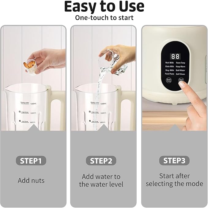 Nut Milk Maker, 40 Oz 8 in 1 Homemade Automatic Plant-Based Milk, Soy Milk, Oat Milk, Almond Milk & More Multifunctional/12 Hours Timer/Auto-Clean/Room Temp/Keep Warm/Boil/Room Temp/Low-Noise