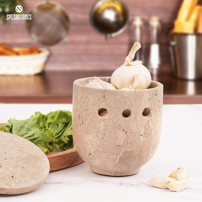 Marble Garlic Keeper 4.5 Inch Handmade Travertine Garlic Holder for Counter & Fresh Garlic Cloves, Storage Container for Gifts, Garlic Saver for Kitchen Countertop Decor
