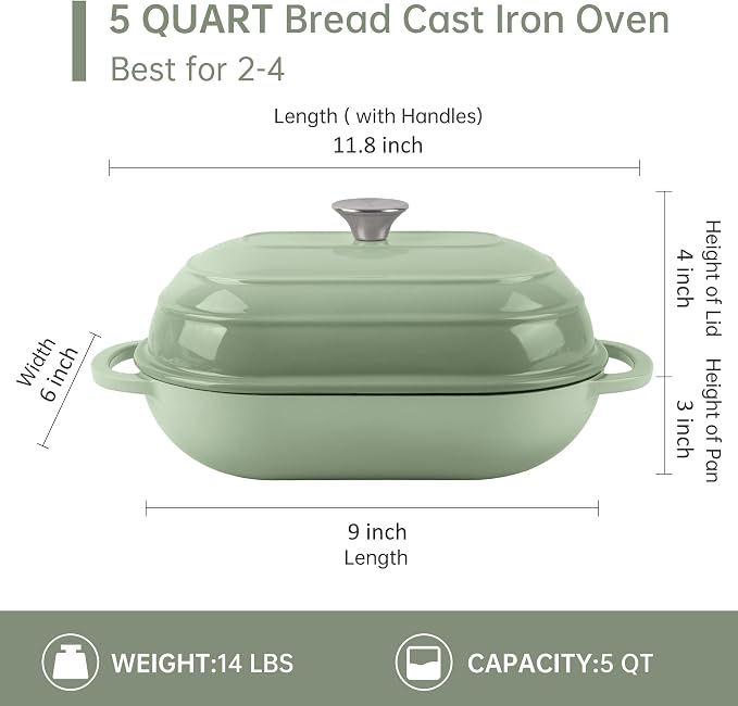 Premium Enameled Cast Iron Dutch Oven for Bread Baking | Non-Stick 5QT Oval Bread Oven with Lid | Perfect for Sourdough, Loaf, and Artisan Baking (Gradient Green, 5 QT)
