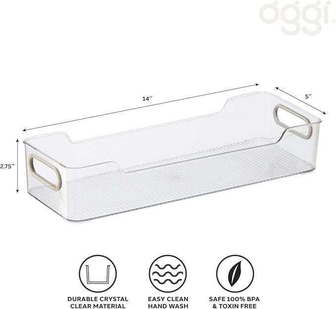 Oggi Cabinet/Drawer Storage Bin - 14" x 5" (Set of 6), Clear/Gray, Ideal for Kitchen Organization, Pantry Storage, Fridge Organizing