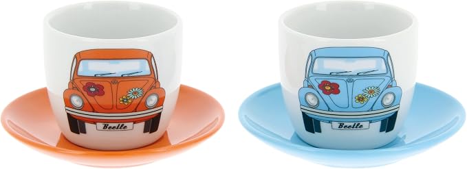 BRISA VW Collection - Volkswagen Espresso Cups Coffee-Tea-Cappuccino Set in Beetle Design (Beetle Front/100ml/3.4 fl oz) (Set of 2 (light blue, orange))
