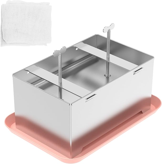 Paneer Strainer, Paneer Press Kit, Efficient Tofu Makers, Stainless Steel Tofu Maker Mold Easy to Use Paneer Maker with Drip Tray and Press Cloth for Home Kitchens Firm Or Extra Firm Paneer