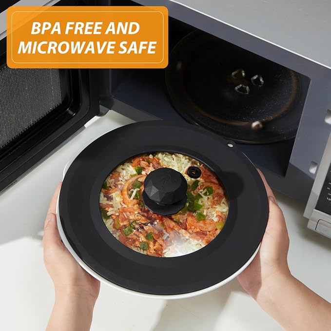 Set of 2 Vented Tempered Glass Universal Lid for Pot Pan Skillet with Heat Resistant Silicone Microwave Splatter Cover Microwave Safe Fit 8" 8.5" 9" and 11.5" 12" 12.5", Black