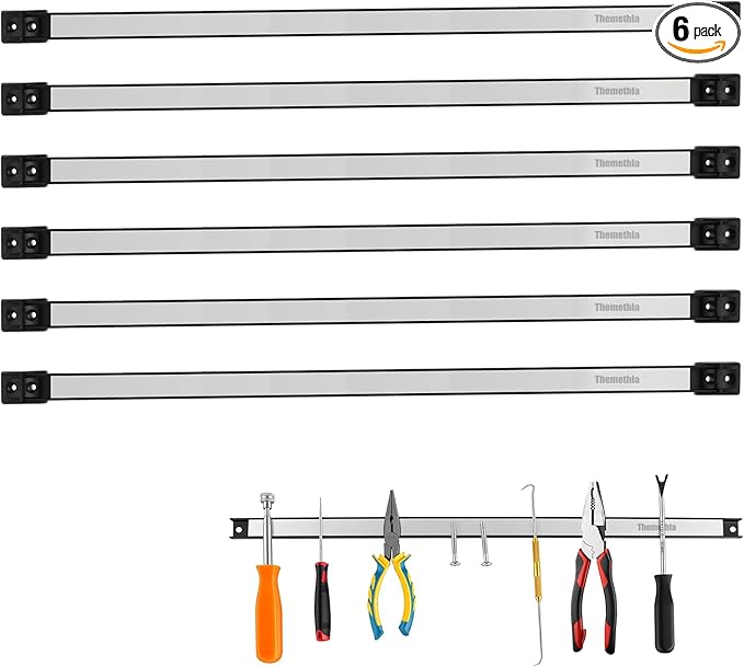 24" Magnetic Tool Holder Strip, 6 Pieces Silver Metal Tool Organizer Rack with Stainless Steel Surface, Magnet Bar for Garage Workshop, Easy To Install with Mounting Screws