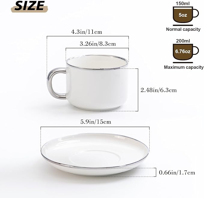 Agyiuns Tea Cups and Saucers with Silver Trim, 6.76 Ounce White Porcelain Tea Set & Coffee Cups for Latte, Cafe Mocha - Set of 4, Porcelain Mugs for Kitchen or Cafe (White and Silver)