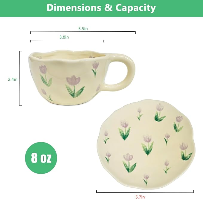 Noviko Tulip Coffee Mug Flower Tea Cups and Saucers Set for Mom 8 oz