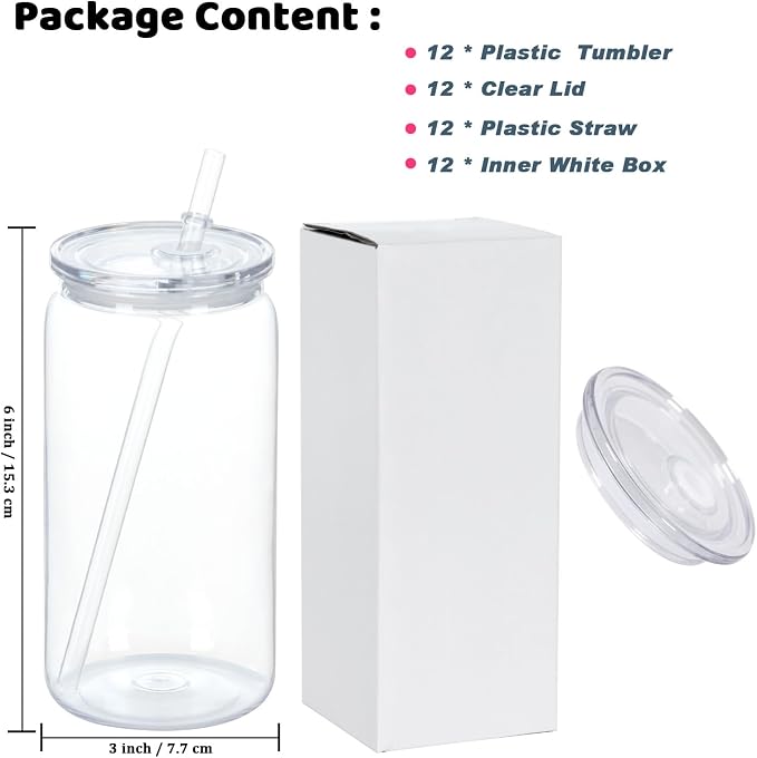 16 Oz Acrylic Plastic Can Tumbler, 12 Pack Plastic Clear Cup Beer Can, Plastic Mason Jar with Clear Lid
