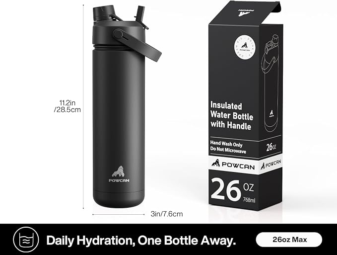 POWCAN 26 oz Insulated Water Bottle with 2-in-1 Straw and Spout Lid, Keep Cold 24H, Leak-Proof, Fits in Car Cup Holder, Stainless Steel Water Bottle for Sports, Travel, and School (Dark Knight)