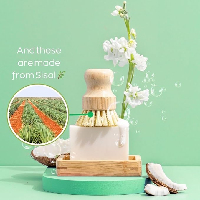Green Llama Dish Washing Bar Soap Set with 2 Solid Coconut Oil Bars, Sisal Scrub Brush & Bamboo Holder, Fragrance-Free Kitchen Cleaning Set