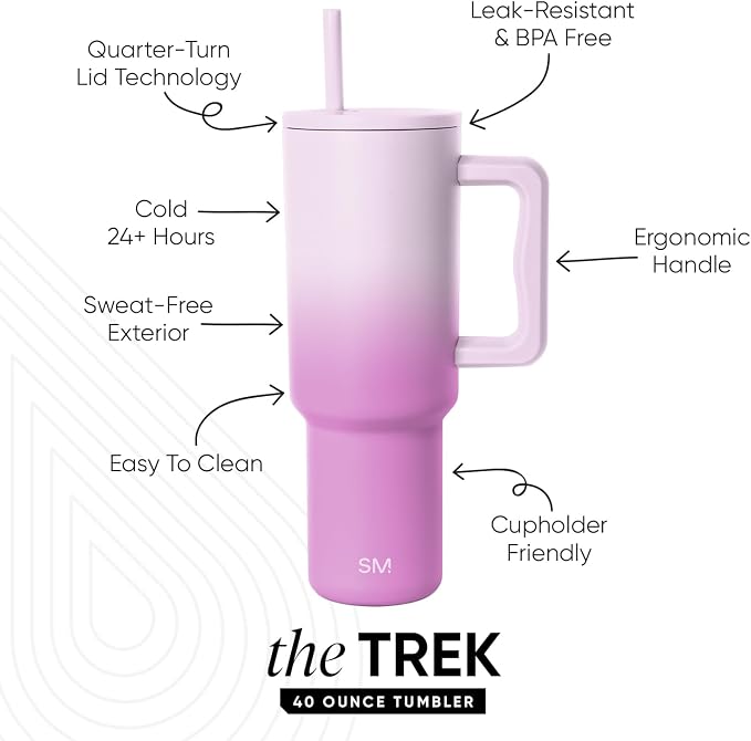 Simple Modern 40 oz Trek Tumbler with Handle and Straw Lid | Cup Holder Friendly Insulated Stainless Steel Travel Mug | Violet Dreams
