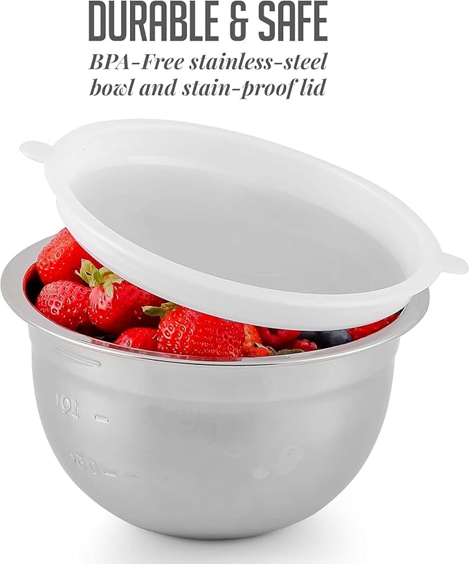 OVENTE Mixing Bowl Set with Lids, 3-Piece Stainless Steel Nesting Bowls for Easy Food Storage, Stackable Design, Kitchen Essential for Baking, Cooking and Prepping, Size 5, 3.5, 1.5QT, Silver BM46333S