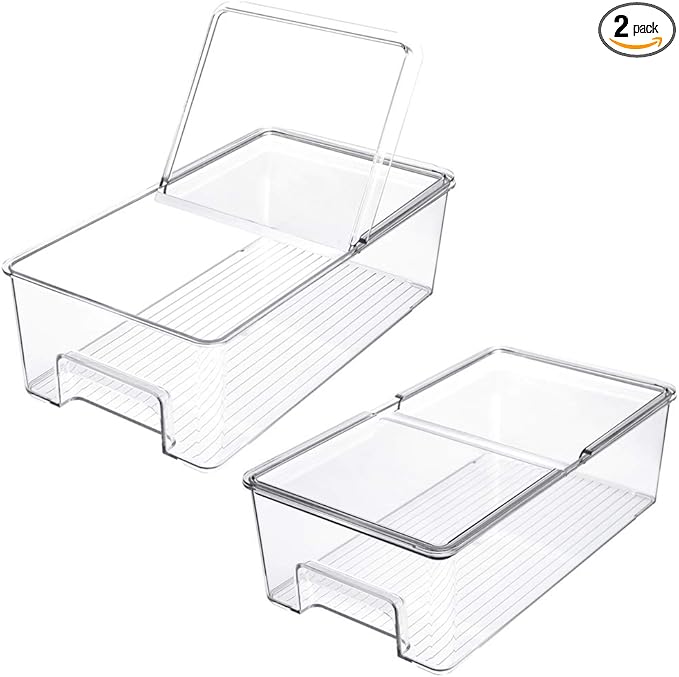 SANNO Vegetable Refrigerator Organizer Food Bins with lids Large Stackable Fridge Clear Organizers Kitchen Cabinet Organizer for Freezer, Kitchen, Countertops, Cabinets Pantry Storage Bins，set of 2