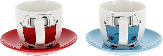 BRISA VW Collection - Volkswagen Espresso Cups Coffee-Tea-Cappuccino Set in T1 Bus Campervan Design (Bus Front/100ml/3.4 fl oz) (Set of 2 (red, blue))