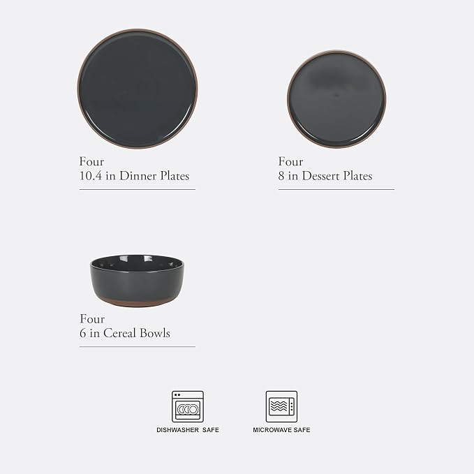 Gibson Elite Northrock Stoneware Dinnerware Set, 12-Piece Service for 4 Plates and Bowls Set – Charcoal Blue Dishes with Hand-Painted Terracotta Base
