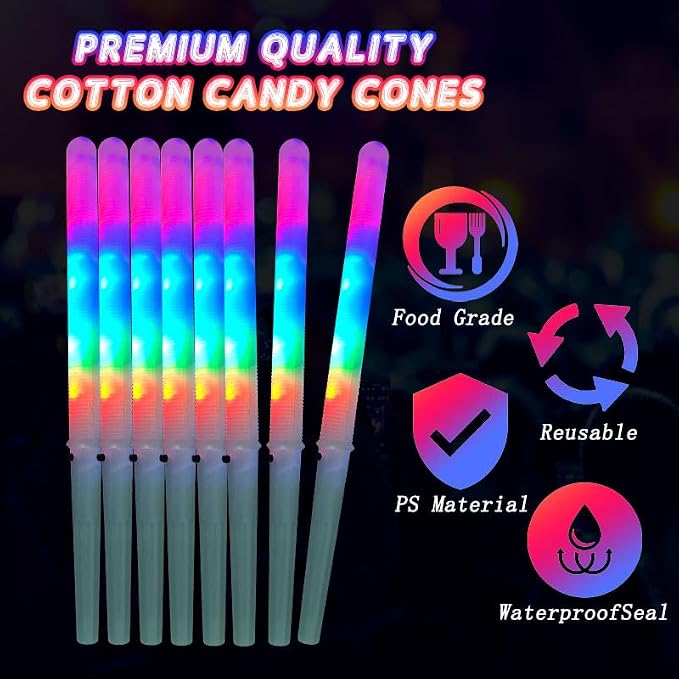 10 Pcs LED cotton candy cones,Glowing cotton candy sticks，Cotton candy holder reusable and waterproof, suitable for Christmas party (colorful)