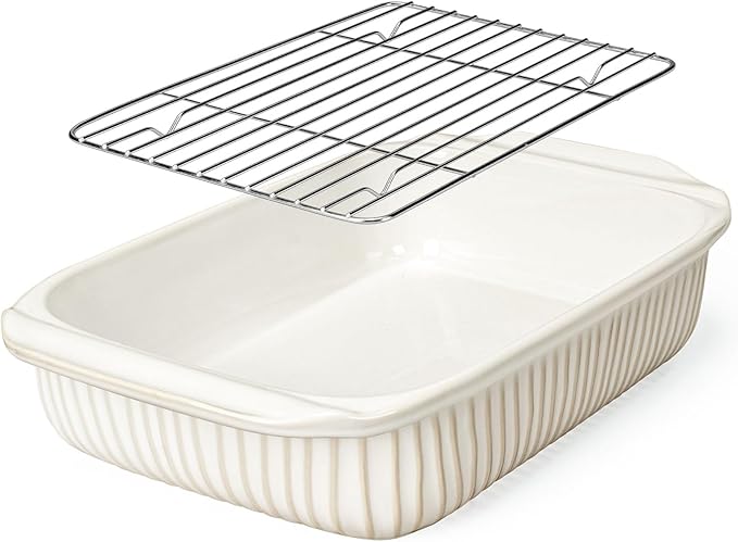 Artena Baking Dish 5.1 Quarts, Casserole Dishes For Oven, Baking Pan With Handles, Lasagna Pan Deep, Large Casserole Dish, Rectangular Ceramic Bakeware (White, With Rack)