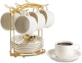 YOLIFE Espresso Cups with Saucers Set and Gold Metal Stand, 4oz Coffee Espresso Cups Set of 6, Ceramic Expresso Shots Cup with Stand & Saucers, White