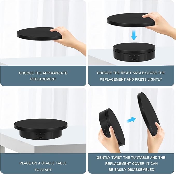 Remote Motorized Rotating Display Stand, Electric Rotating Platform with 5.74/7.08/8.66in Replacement Covers, 3 in 1 Turntable with Rechargeable Battery for Live Streaming Video Shoot Photography